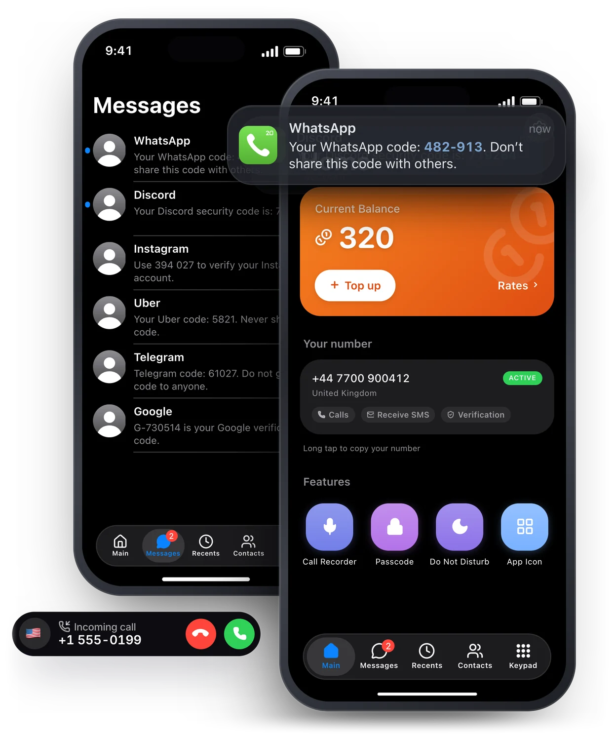 The 2Phon app on two iPhones: the home screen with an active UK number and the balance, and the messages list full of verification codes