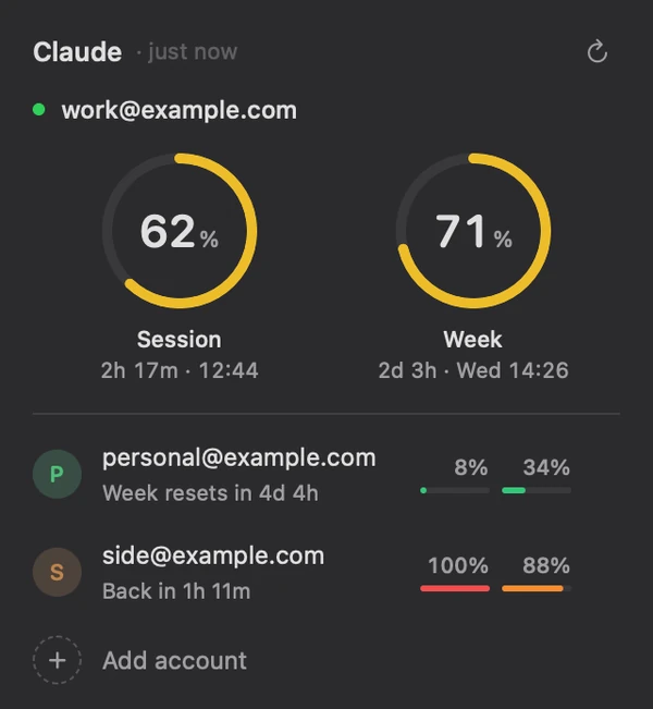 Claude Van Dam’s menu bar popover: session and weekly limits for three Claude accounts