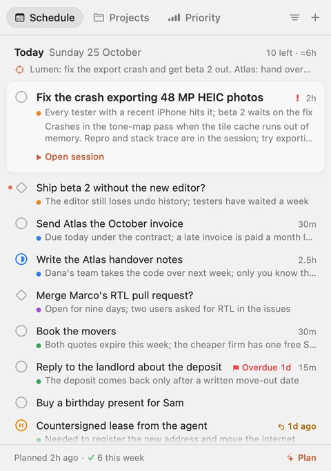Claudo’s menu bar popover, the Schedule tab: today’s tasks with why each matters, estimates and an overdue flag