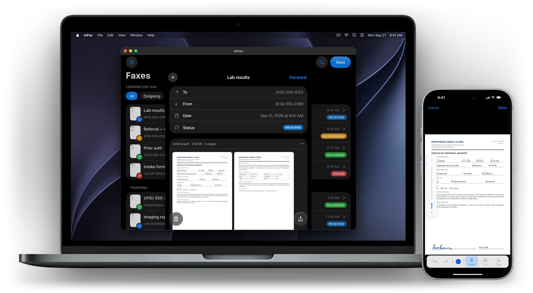 The mFax Mac app with the fax list and a lab-results fax open, and the mFax iPhone app with the same fax in its editor