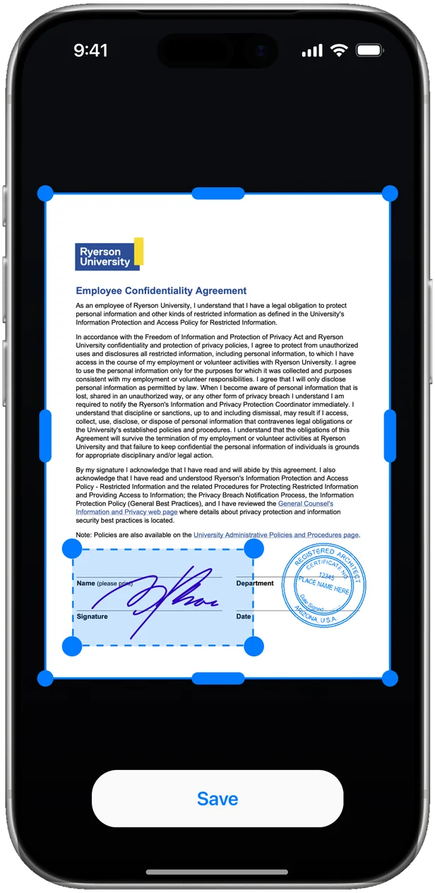 ScanJet on an iPhone: a scanned agreement with its signature placed, ready to save